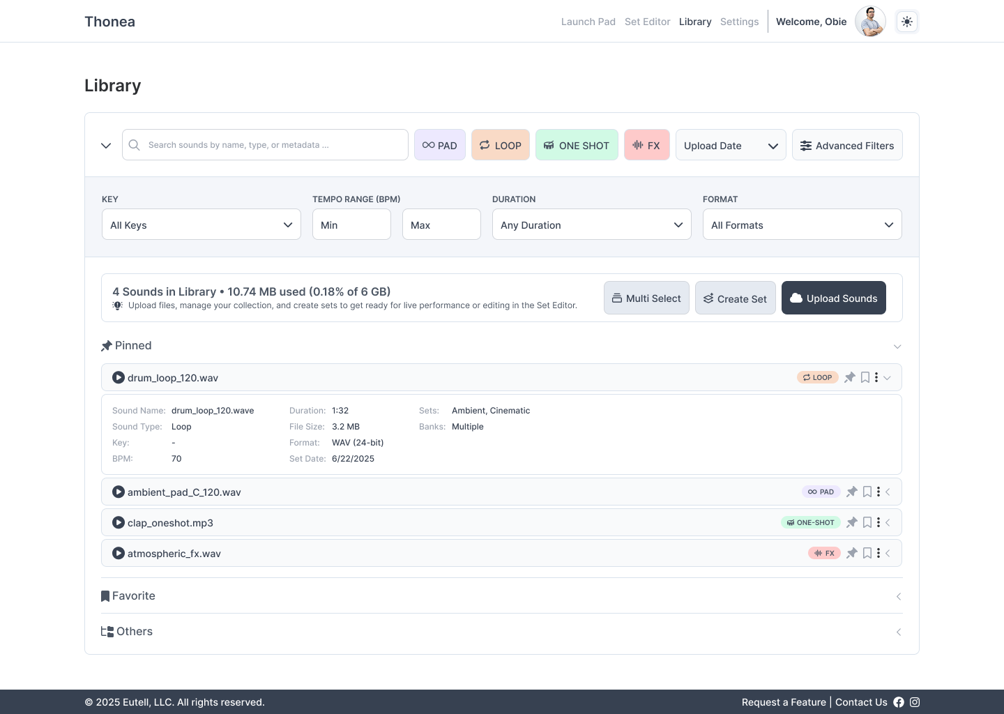 sound library management interface with searchable sound list, BPM and key filters, metadata editor, bulk selection tools, professional audio asset management software