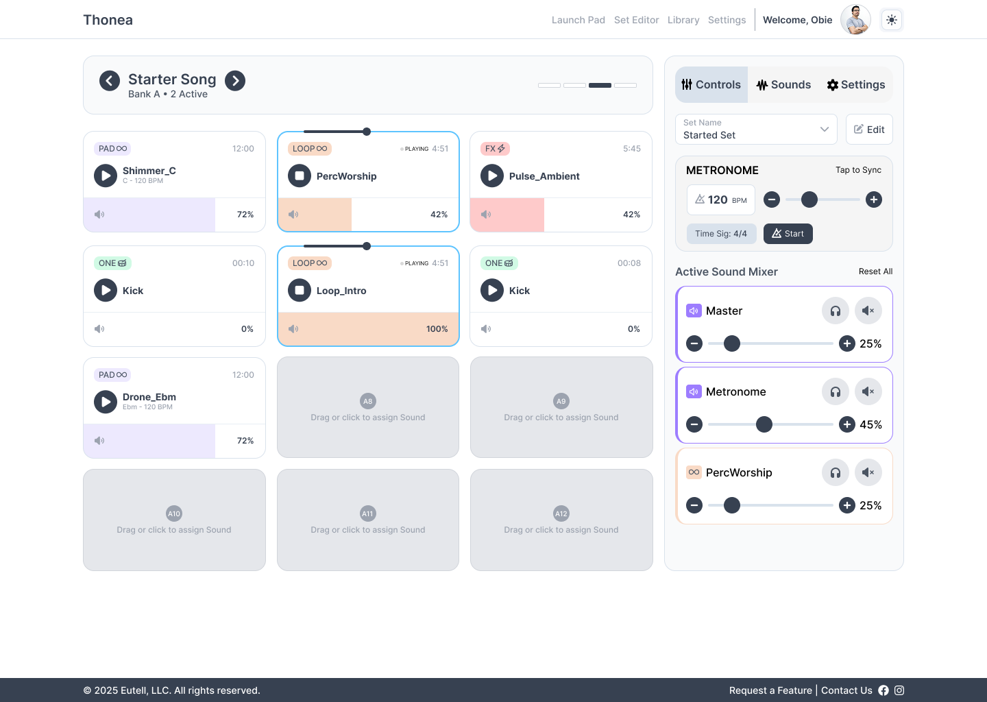 minimalist performance mode interface with large pads, dark theme, essential controls only, full screen stage view, distraction-free music performance software