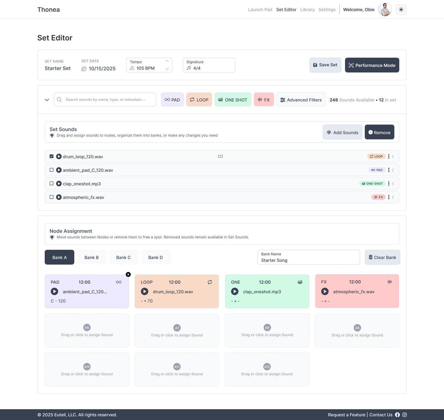 set editor interface with drag and drop pad assignment grid, bank management tabs, key and BPM indicators, node assignment layout, professional music organization software